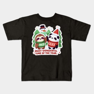 Most Wonderful Time Of The Year Sloth Panda Snowman Kids T-Shirt